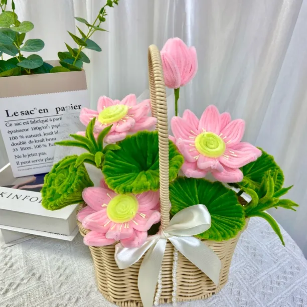 成品荷花手工花篮送朋友乔迁教师节中秋节生日满月桌面装饰礼物