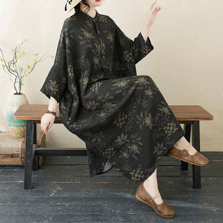 2025春季新款宽松大码女装花色度假风旅游立领复古长款棉麻连衣裙