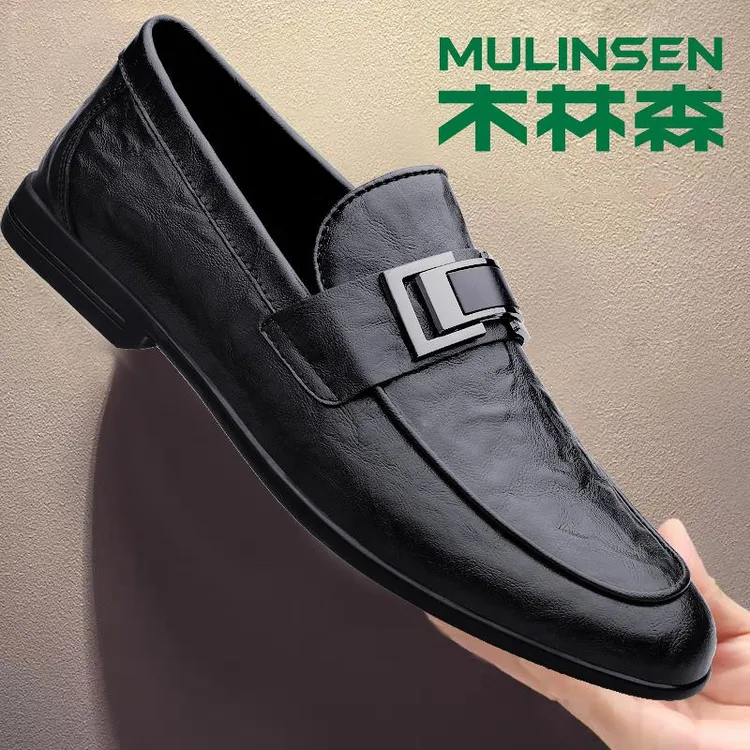 木林森木林森男鞋春季2025新款皮鞋男真皮软底带跟英伦风黑色男士