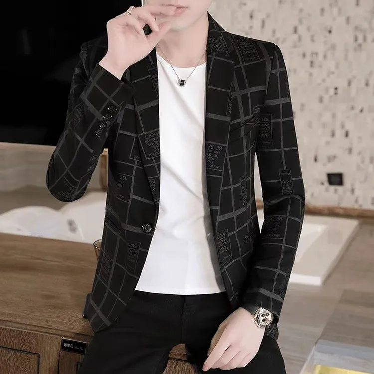 男士西装外套2025春秋新款小西服时尚休闲修身提花青年潮流单西 
