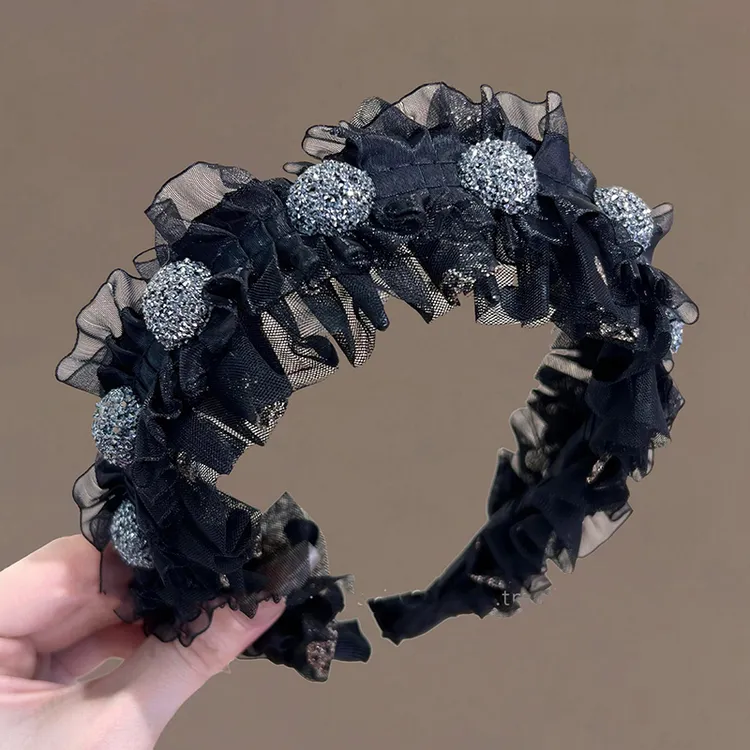 高颅顶蓬松黑色网纱褶皱发箍百搭闪钻发夹高级感显脸小头箍发卡女