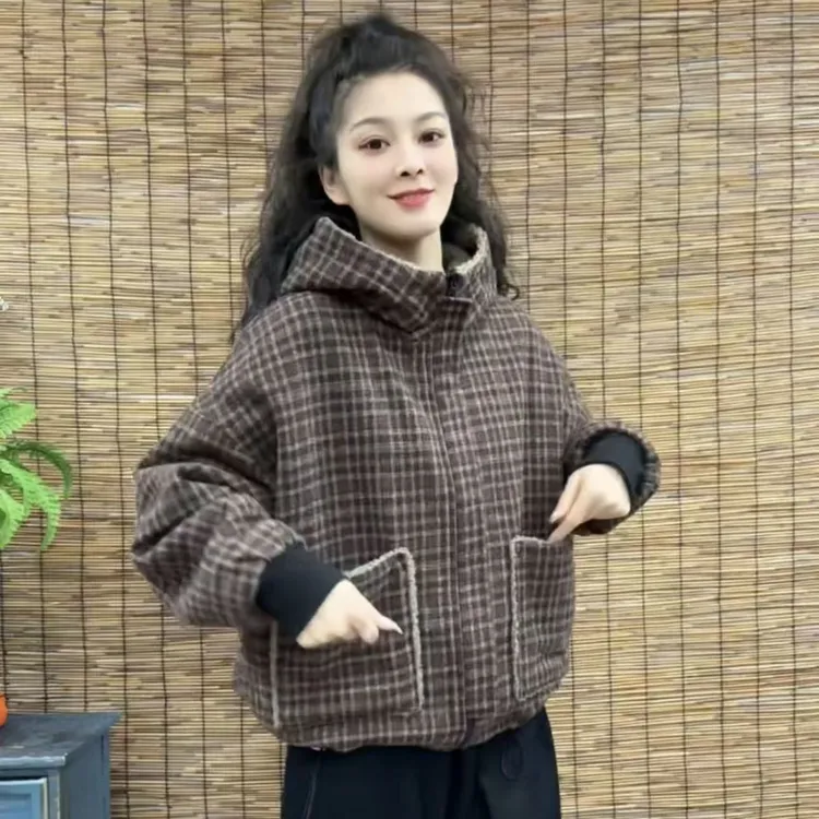 新款冬季两面穿加绒加厚休闲百搭减龄显瘦格子晋江棉衣50-60岁