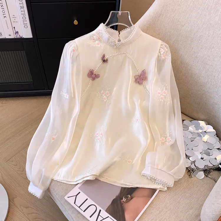 新中式重工钉珠刺绣盘扣衬衫女春季新款千金感国风甜美别致小上衣