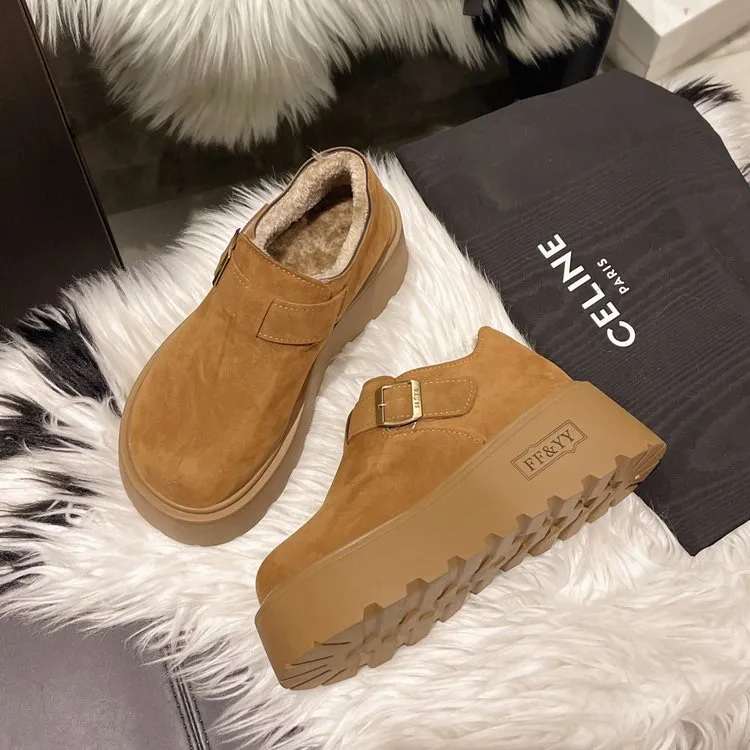 厚底增高勃肯鞋女鞋2025新款冬季小个子乐福鞋加绒低帮雪地靴棉鞋