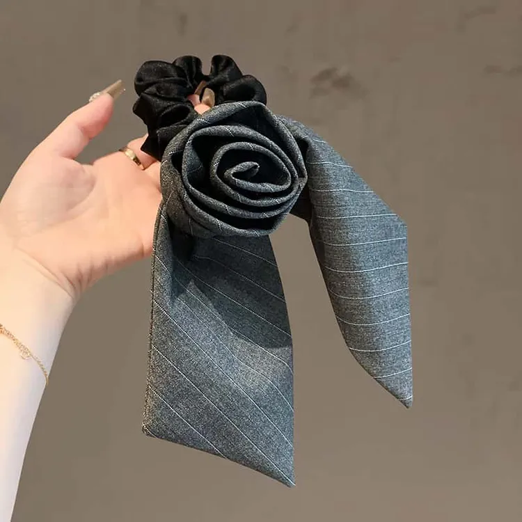 法式复古条纹玫瑰发圈高级感气质扎低马尾头绳新款百搭弹力头花女