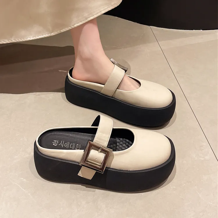 复古包头半拖鞋女一脚蹬2025夏季新款厚底玛丽珍凉拖一字扣小皮鞋