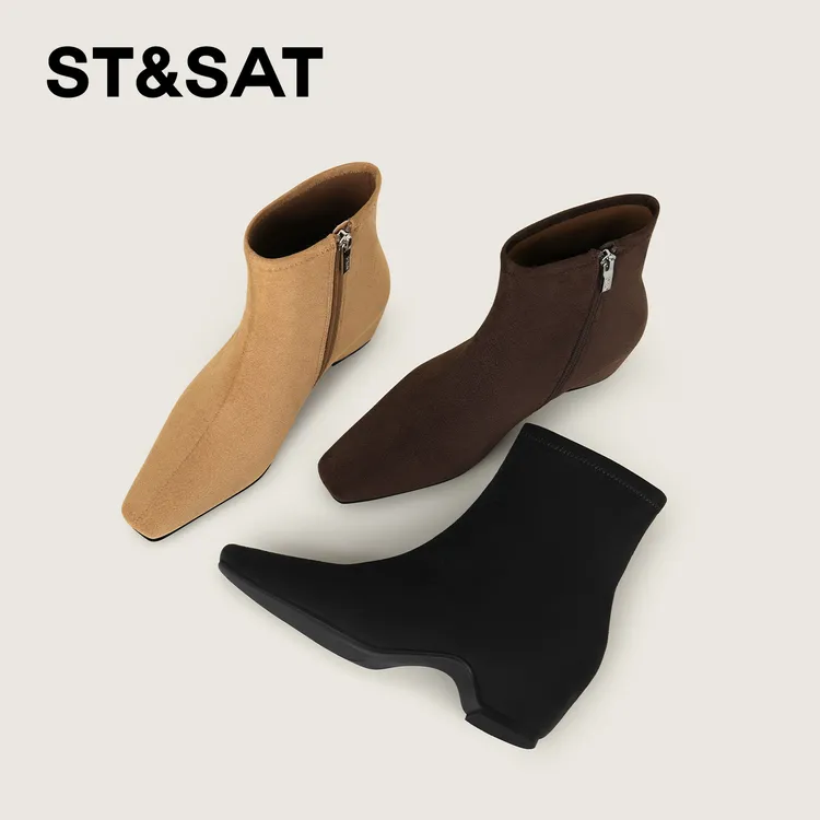 St&Sat/星期六粗跟时尚百搭气质中跟内增高方头短靴秋冬瘦瘦靴