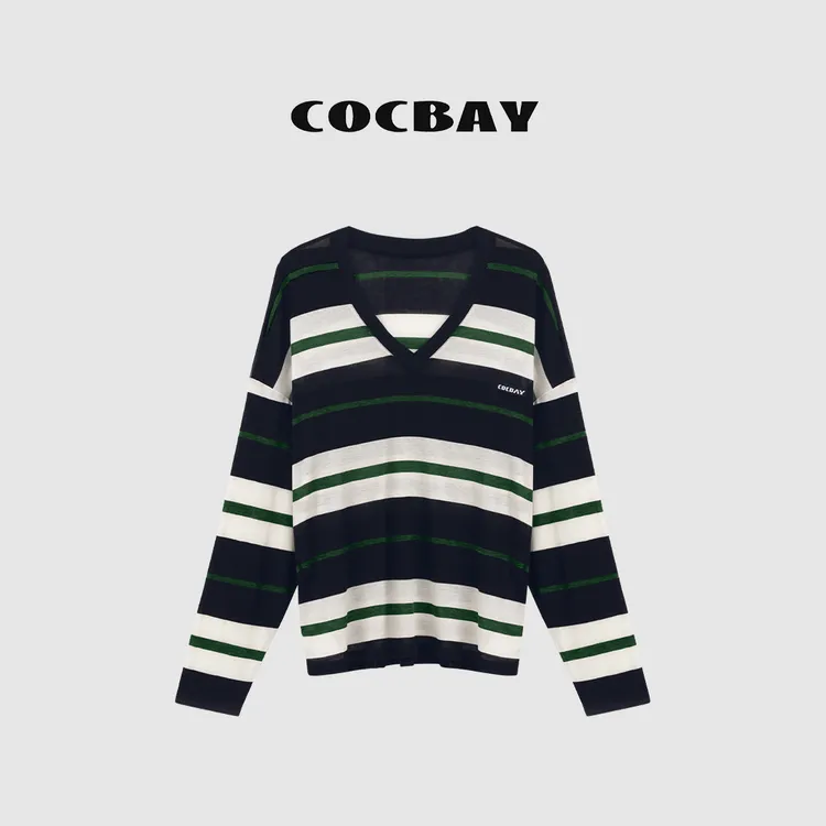 【馨怡专属】COCBAY-Urban Drift|慵懒随性复古宽条纹撞色V领T长袖YT0024