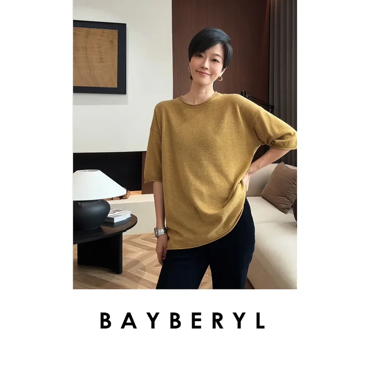BAYBERYL老贝哈瓦那黄*卷边短袖羊毛圆领秋针织衫ZZS5H2805