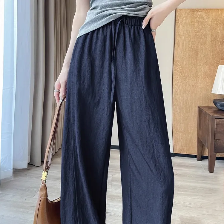 大码冰丝阔腿裤女胖mm夏薄款2025新款松紧腰藏青色休闲弯刀香蕉裤
