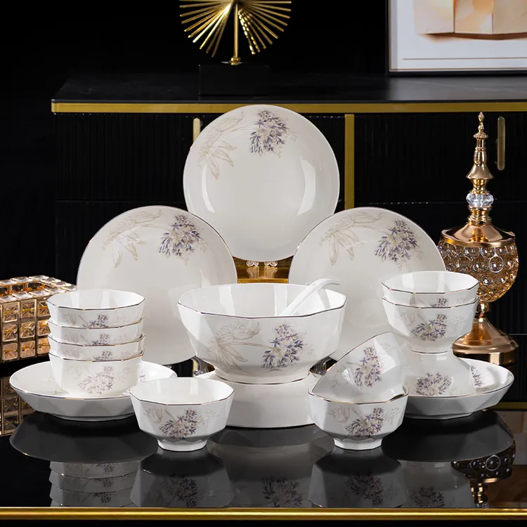 【电光金璀璨花语22头】高端家用碗碟套装聚会乔迁送礼餐具（6斗）