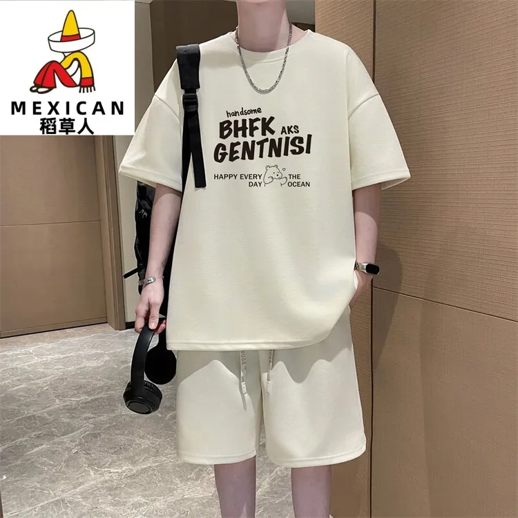 稻草人男士夏季港风新款时尚青年百搭情侣休闲运动套装潮流帅气