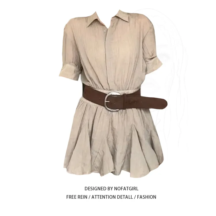 大码胖妹妹高级感法式翻领短袖衬衫连衣裙女夏季气质收腰百褶短裙