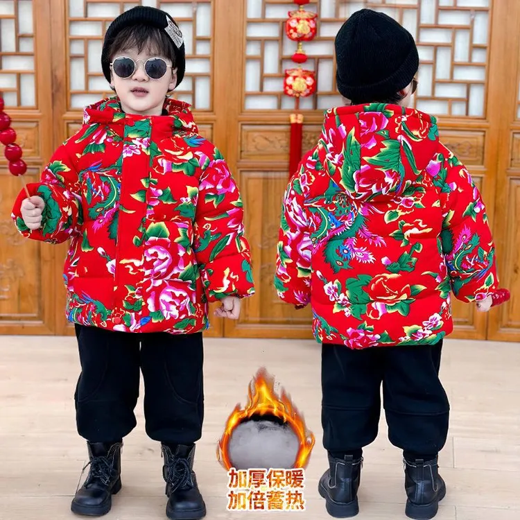 东北大花儿童拜年服喜庆保暖中国风冬季棉服