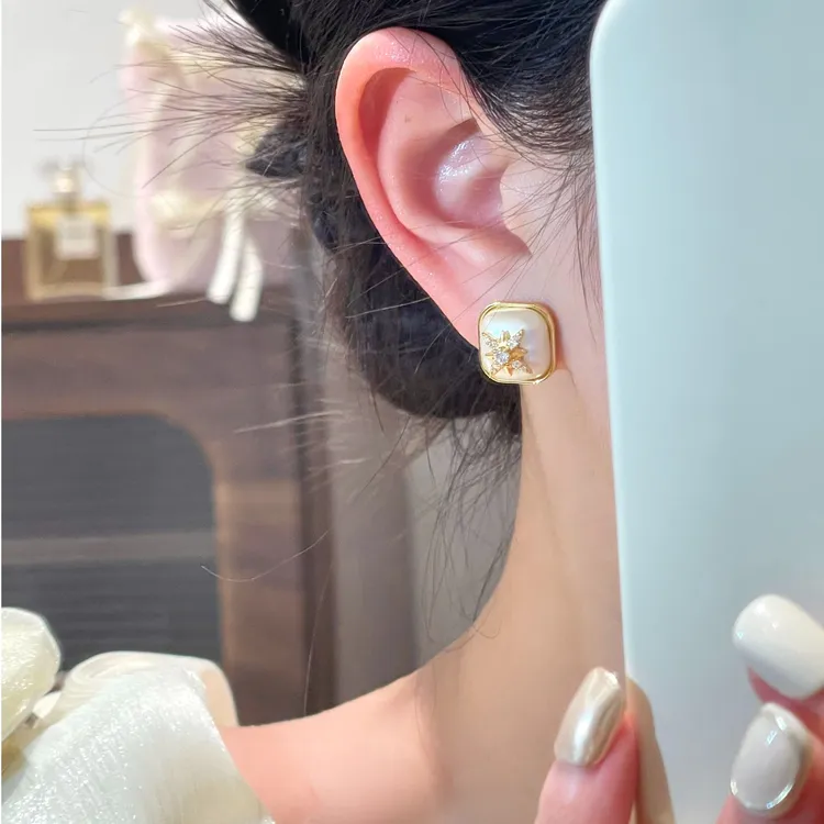 精致八芒星几何质感耳钉气质时尚复古方形耳饰R2270