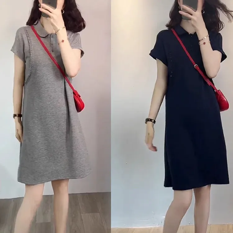 气质时尚短袖纯色POLO领连衣裙女夏季新款休闲显瘦小个子中长裙潮
