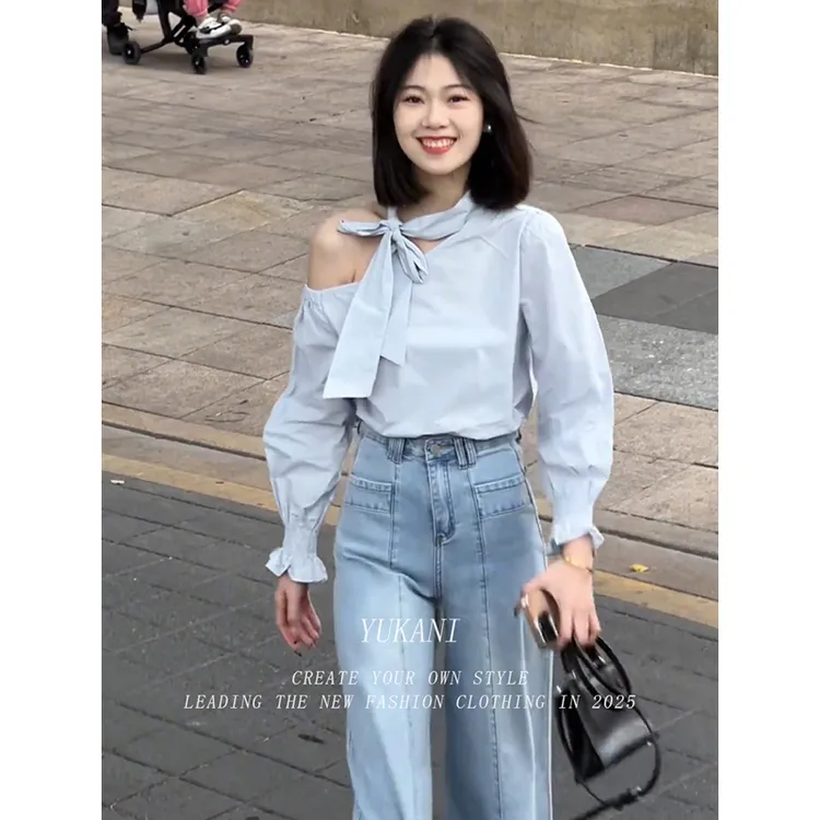 法式气质蓝色系带斜肩上衣女春季独特别致复古短款高级感长袖衬衫