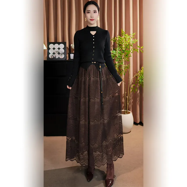 蕾丝半身裙女秋冬2025新款爆款高腰显瘦垂坠感a字大摆长裙到脚踝