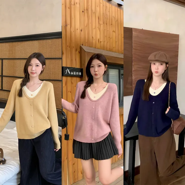 长大码慵懒风假两件长袖针织毛衣胖mm新款秋冬宽松显瘦上衣69369