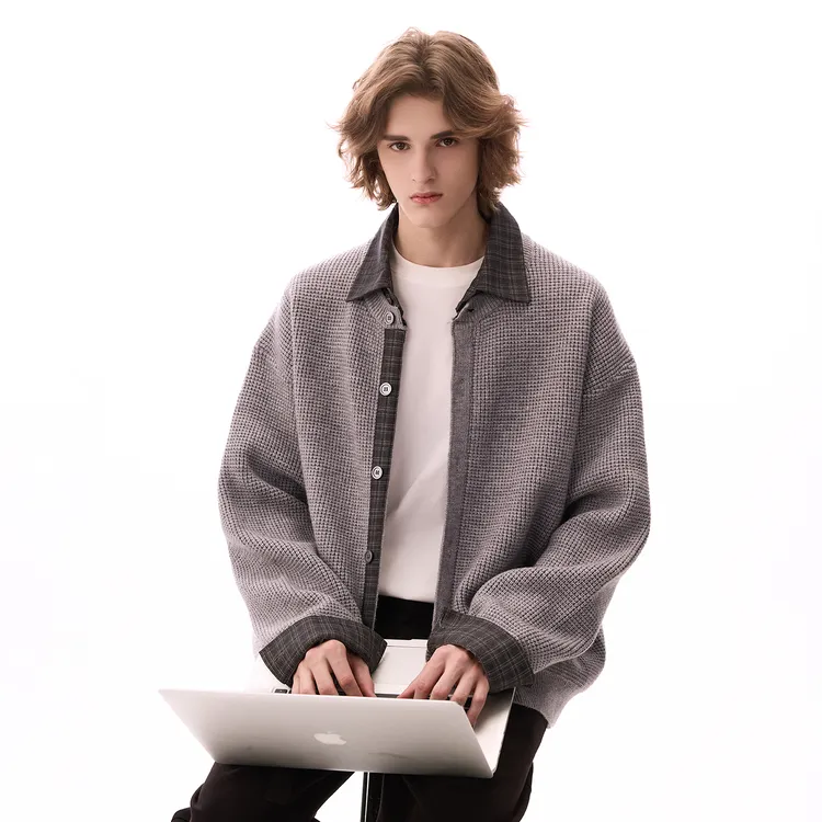 CHOR冬季新款拼格纹翻领华夫格纹理毛衣开衫时尚休闲情侣复古宽松