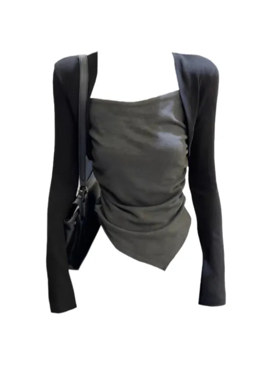 Amy家 微胖mm设计感假两件磨毛方领T恤女秋冬不规则显瘦辣妹上衣