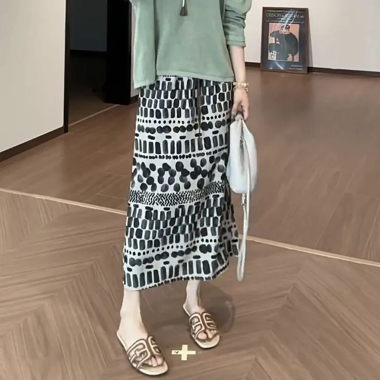 气质复古印花半身裙2025夏季新款高腰休闲减龄韩版宽松垂感A字裙