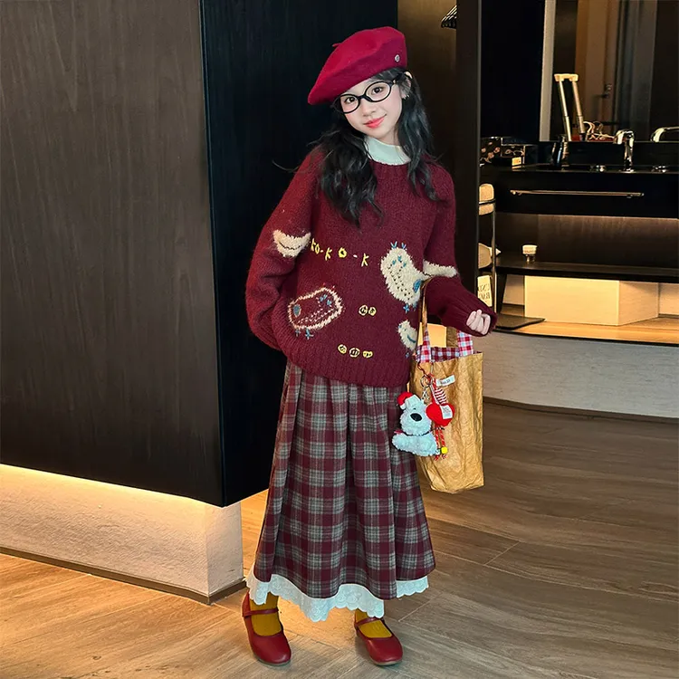 女童中大童卡通毛衣＋呢子格子半身长裙套装8-15岁女孩秋冬气质款