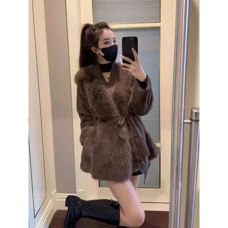 名媛气质高级感欧货毛毛外套女2025秋冬加厚腰带皮毛一
