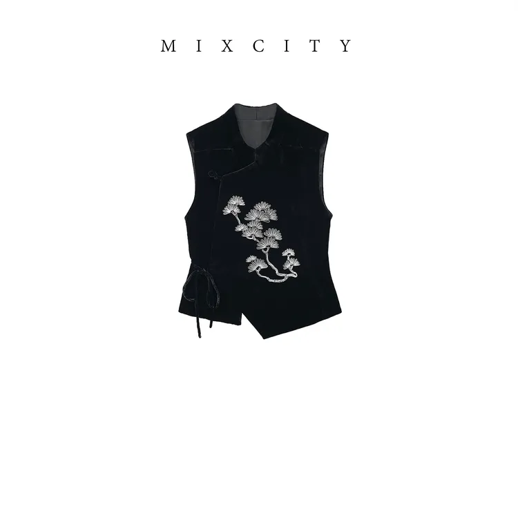 【MIXCITY亚楠家】墨花马甲◆新中式国风绣花真丝丝绒马甲9391