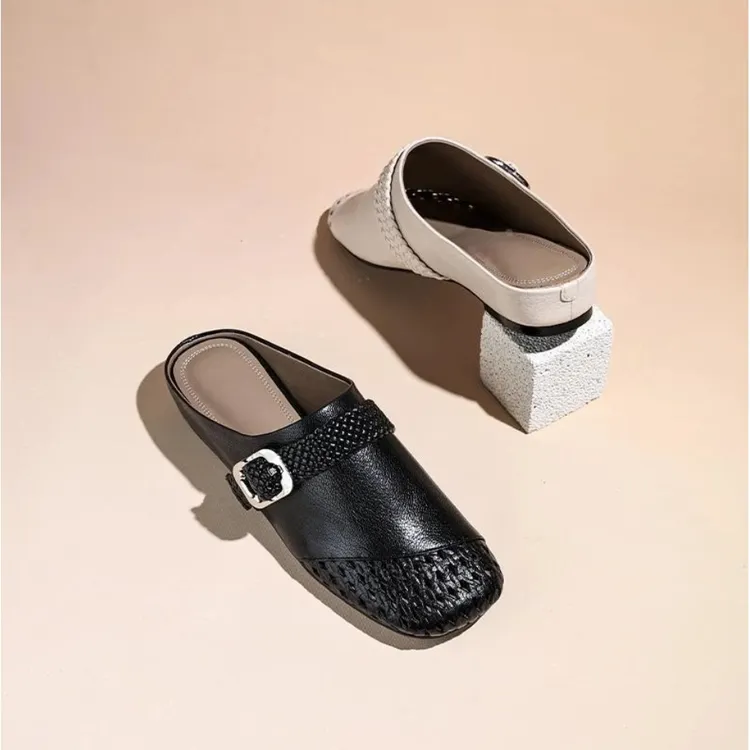 夏新款气质真皮2025日常包头半托鞋舒适纯色凉拖休闲软底百搭低跟