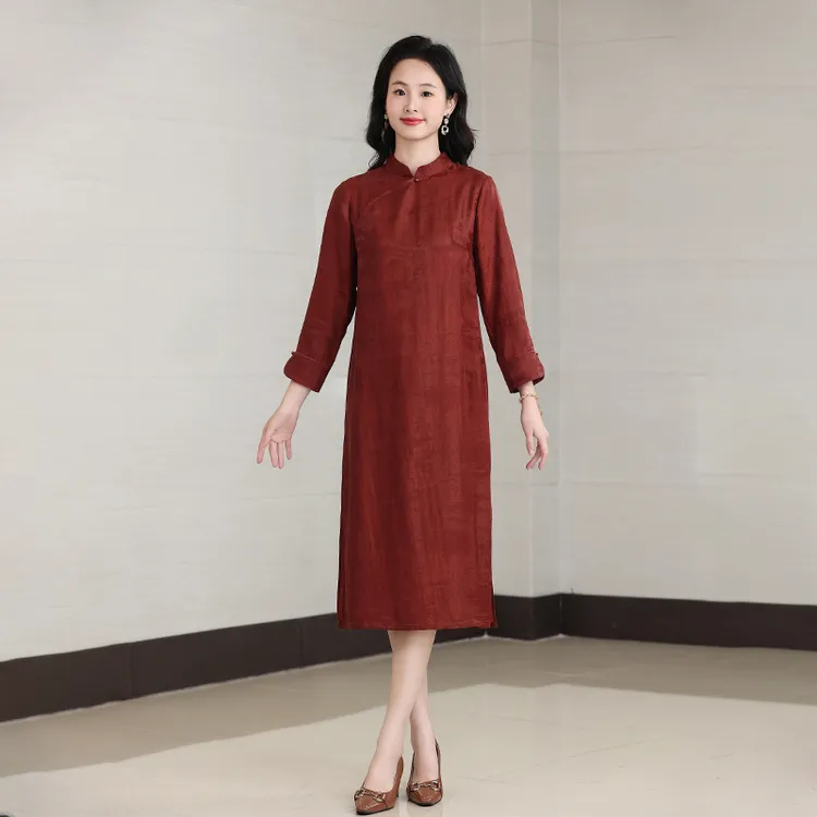 D24Q10-8香云纱真丝连衣裙新款女气质显瘦复古高端桑蚕丝中国风