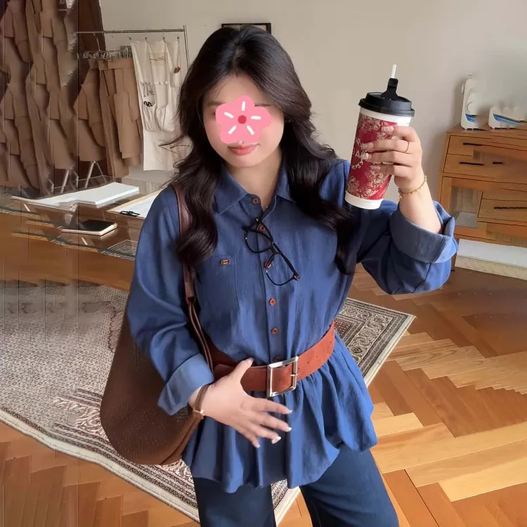 大码胖mm别致宽松减龄花苞衬衫女秋装韩版气质正肩仿牛仔衬衣上衣