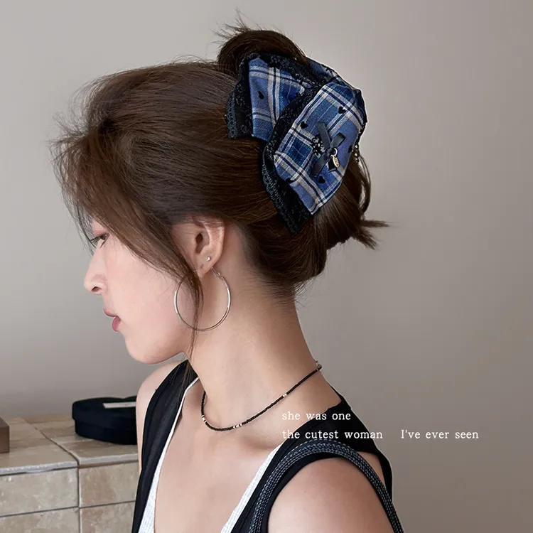 韩国格纹蝴蝶结发夹女学院风甜美三角抓夹后脑勺鲨鱼夹发卡子头饰
