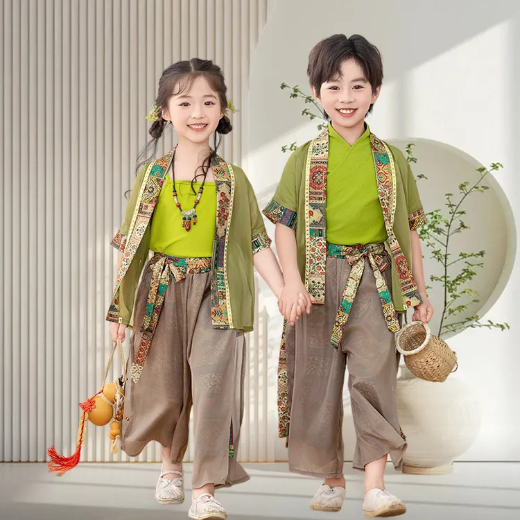 日常可穿汉服女童古装夏季短袖儿童唐装男童新中式藏族国风演出服