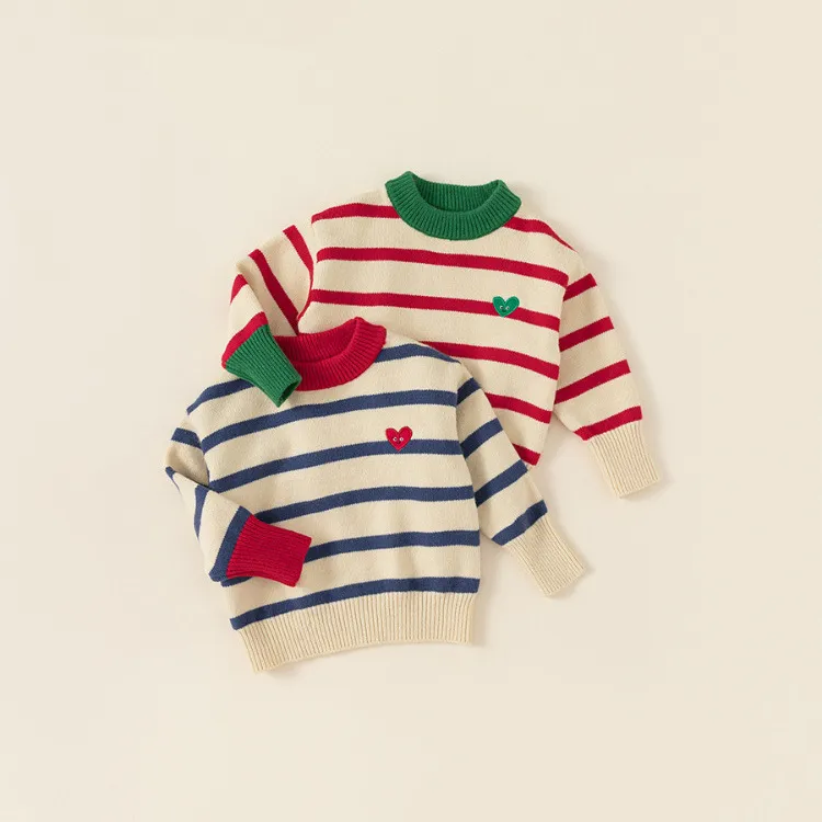 儿童毛衣男童撞色条纹针织套头衫2026新款韩式童装洋气女童上衣