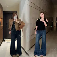 7003#美式复古高腰不贴腿窄版微喇牛仔裤女新款大码直筒微喇长裤