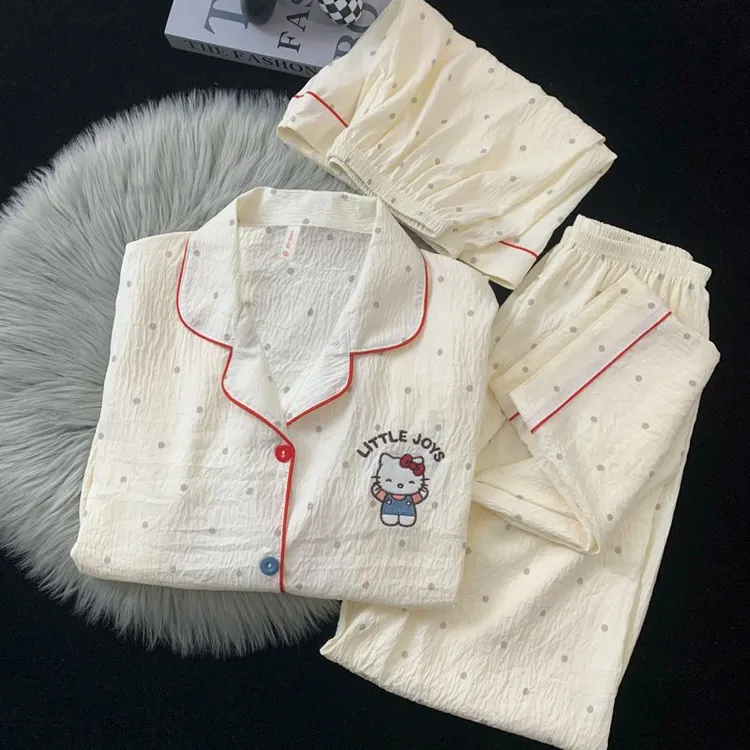 【三件套牛仔猫咪】云朵绵夏季短袖可爱卡通睡衣少女家居服套装睡衣