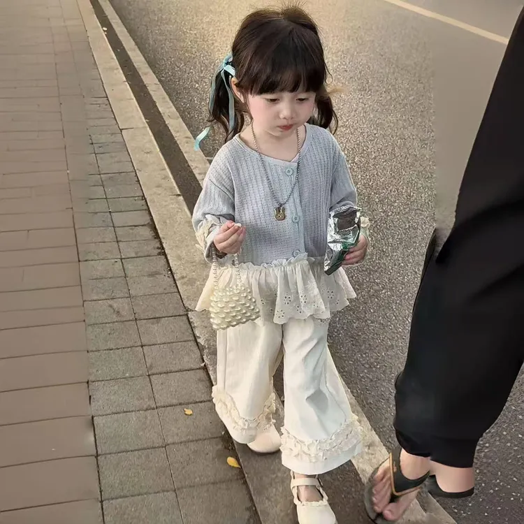 洋气女童2025套装春季新款儿童拼接森系开衫花边休