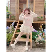 【现货】【甜樱布蕾】大码甜妹夏款小蛋糕粉色吊带+开衫+蛋糕裙套装