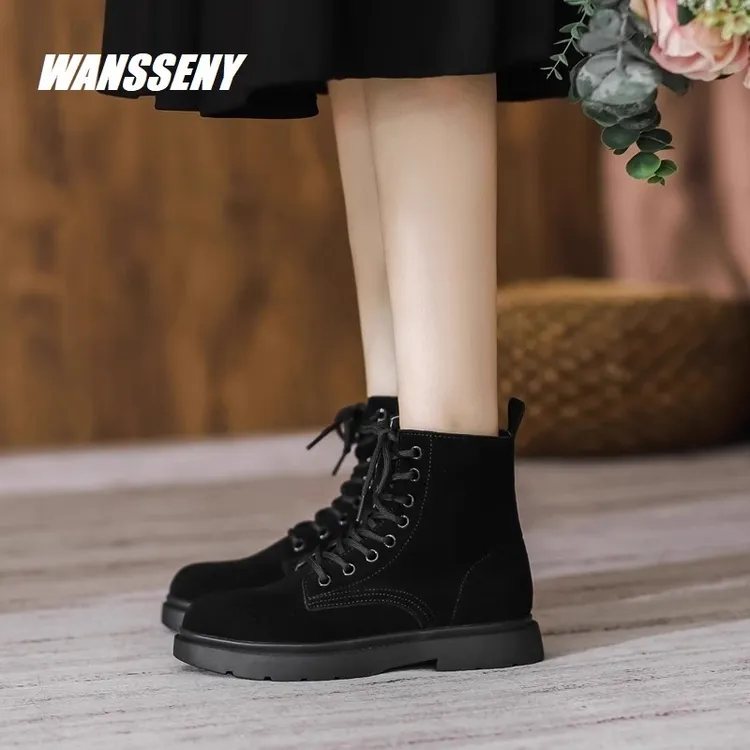 WANSSENY2025年新款秋冬马丁靴女英伦风真皮复古沙漠靴机车靴子女