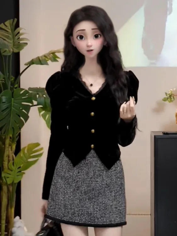法式V领蕾丝花边丝绒长袖衬衫女2025早秋季新款修身显瘦气质上衣