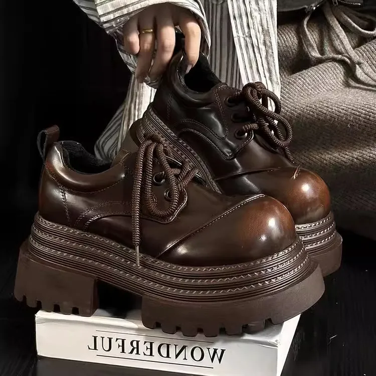 欧货小众厚底小皮鞋女英伦风圆头系带德比鞋小个子增高乐福鞋