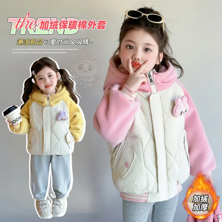女童卡通Abubu加绒拼色外套秋冬2025新款洋气女孩时髦休闲上衣潮