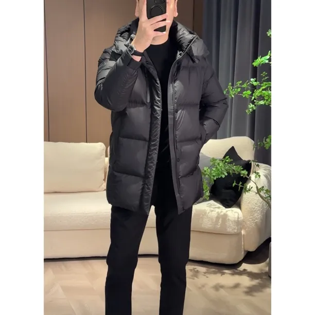 F76男士冬季加厚中长款连帽保暖可拆卸帽外套简约百搭羽绒服