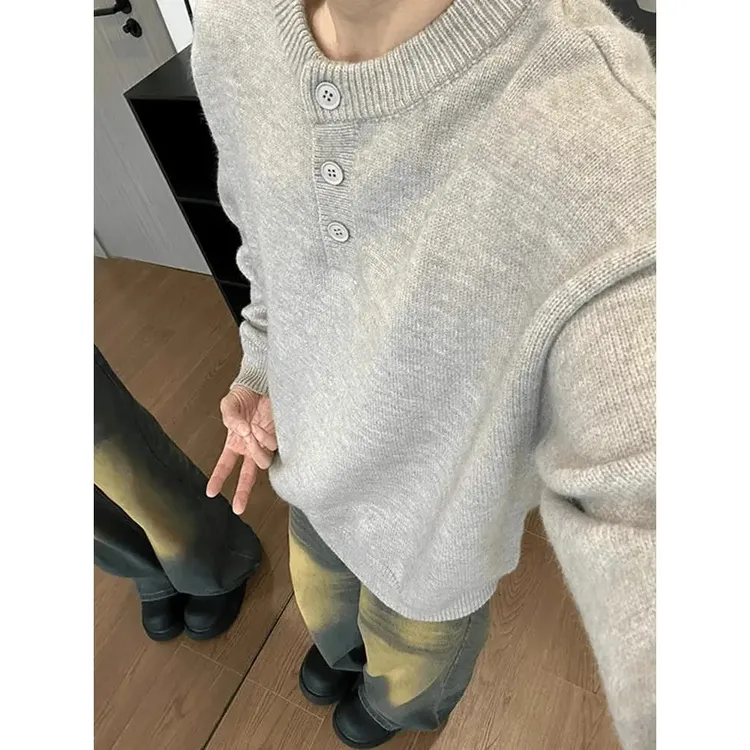 美式亨利领排扣毛衣男女2025秋冬季新款潮牌宽松慵懒风打底针织衫
