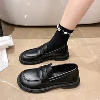 D-1乐福鞋女秋季英伦风软底一脚蹬时尚百搭黑色小皮鞋子