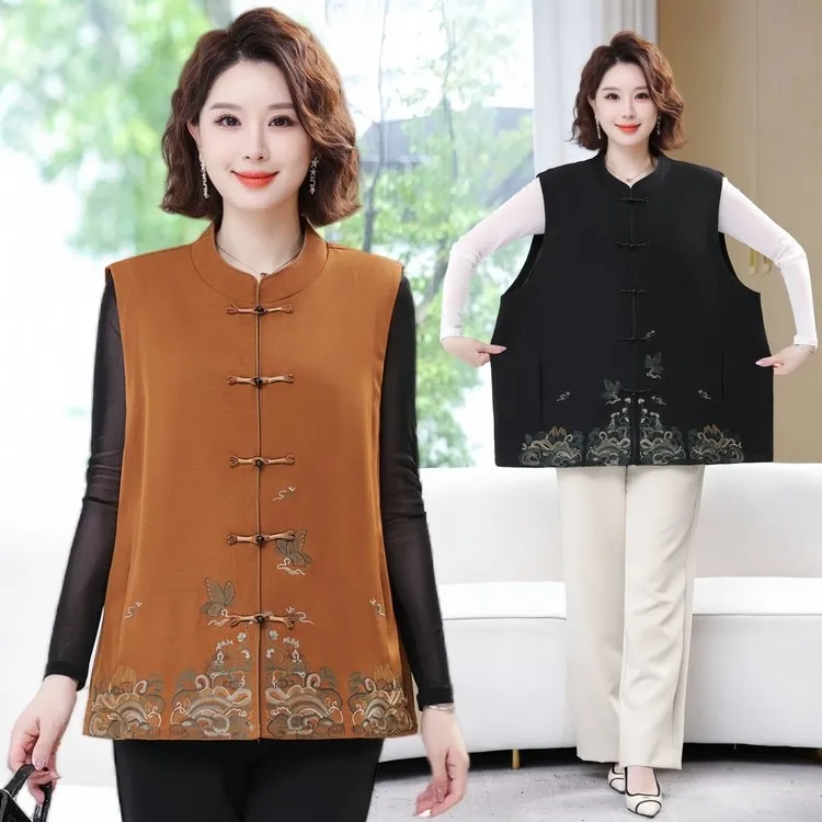 女士新中式无袖上衣 春秋大码精品复古盘扣民族风马甲坎肩中老年