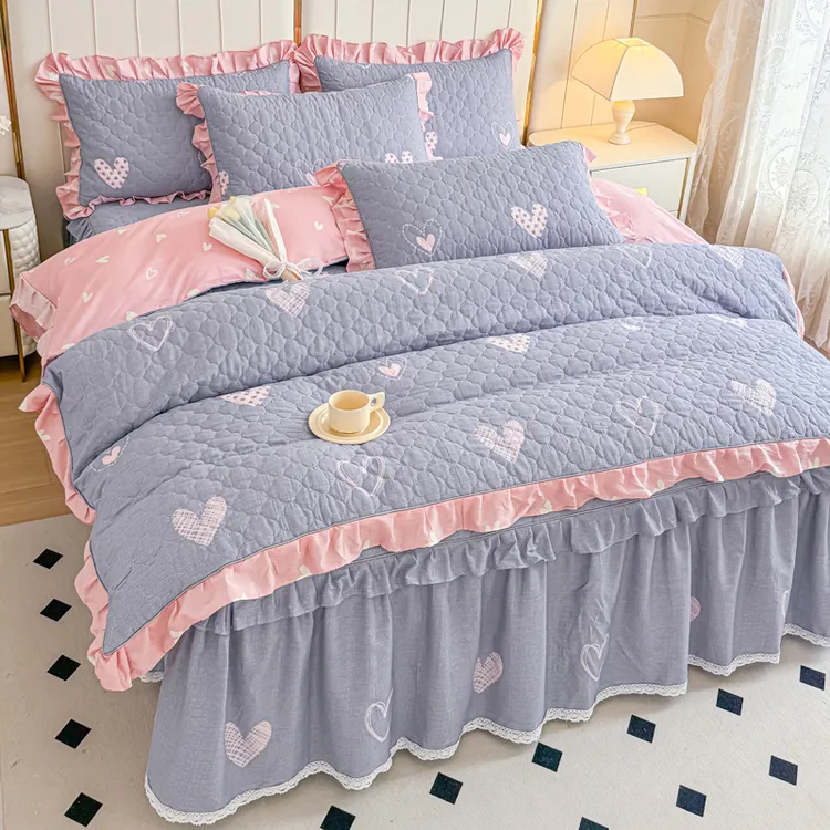 全棉加厚夹棉纯棉四件套荷叶花边床裙款床罩保护罩棉被套床上用品