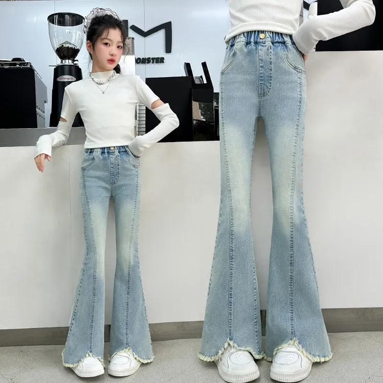 女童喇叭裤春秋女大童秋季修身微喇裤秋天弹力牛仔裤秋装儿童裤子