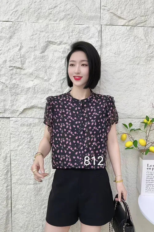 立领减龄碎花印花短袖812